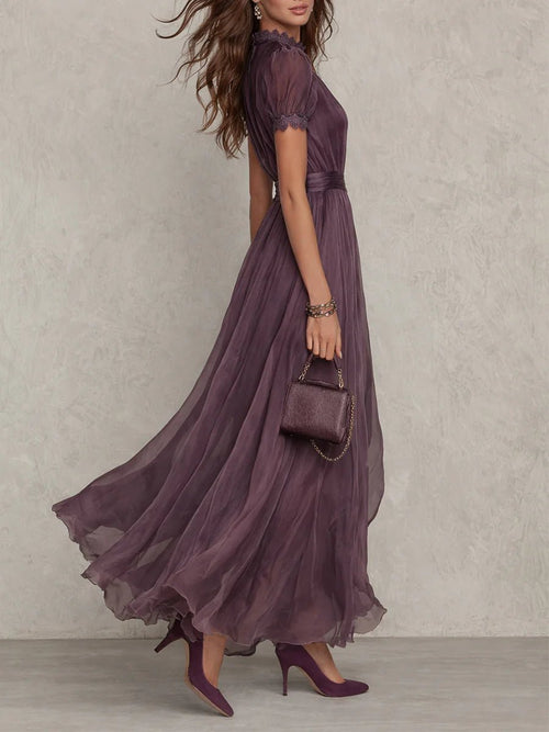 Vestido largo de mujer de manga corta con escote en forma de lágrima y falda fluida de gasa