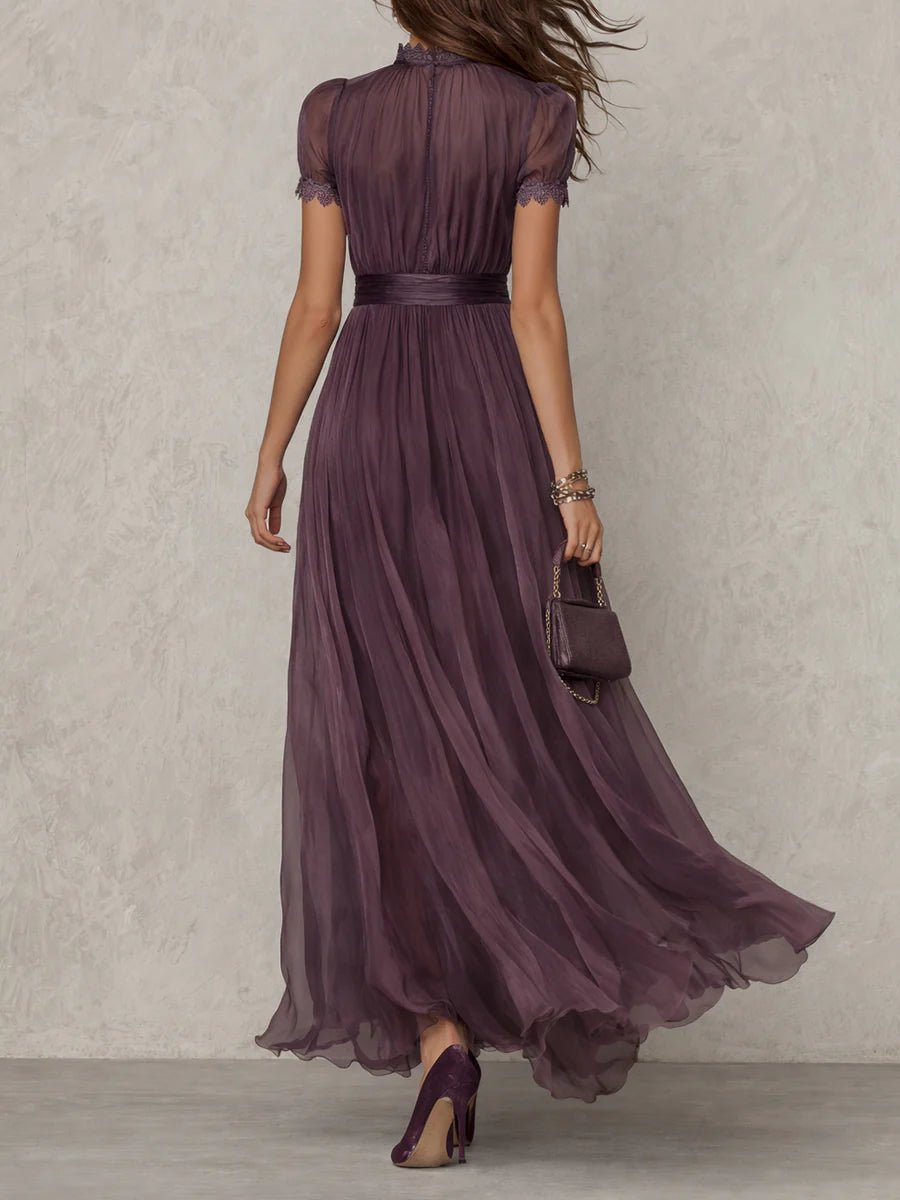 Vestido largo de mujer de manga corta con escote en forma de lágrima y falda fluida de gasa