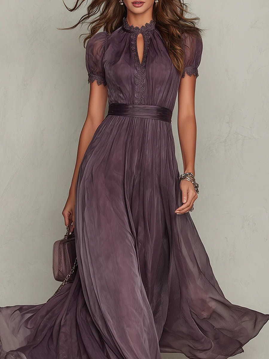 Vestido largo de mujer de manga corta con escote en forma de lágrima y falda fluida de gasa