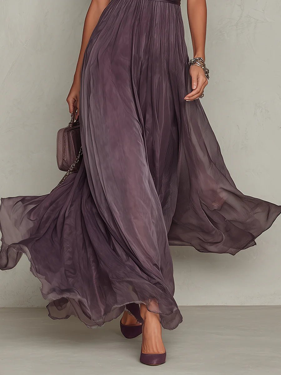 Vestido largo de mujer de manga corta con escote en forma de lágrima y falda fluida de gasa