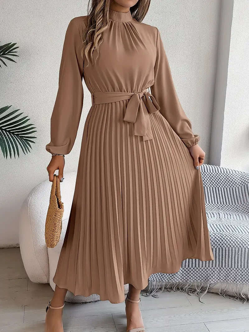 Vestido Midi Plisado de Manga Larga para Mujeres con Cintura con Cinturón