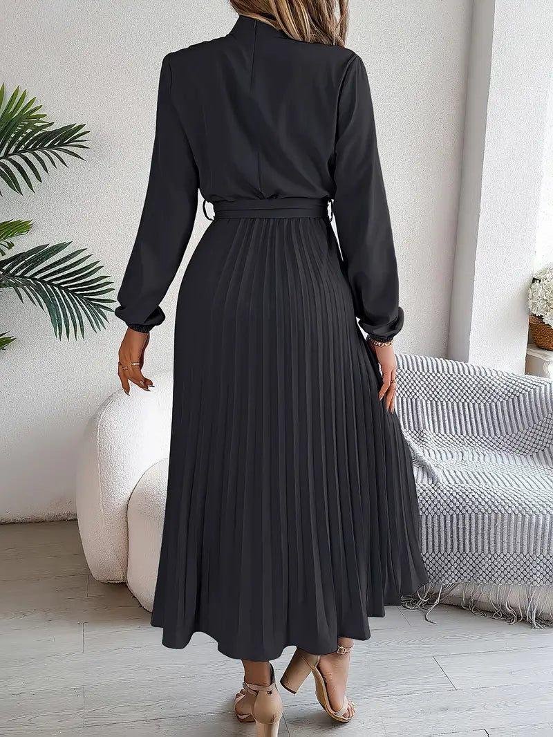 Vestido Midi Plisado de Manga Larga para Mujeres con Cintura con Cinturón