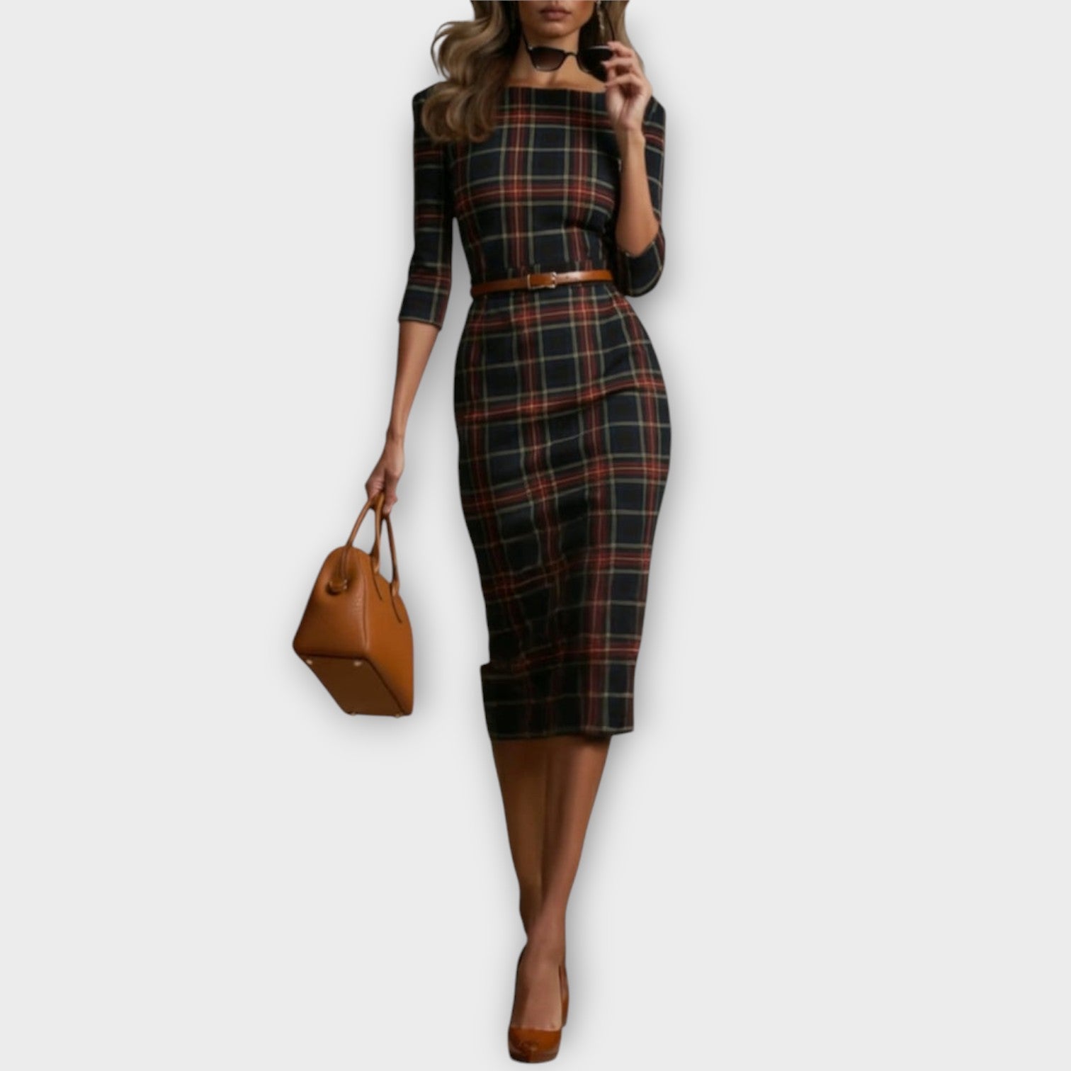 Vestido Midi Lápiz Elegante a Cuadros