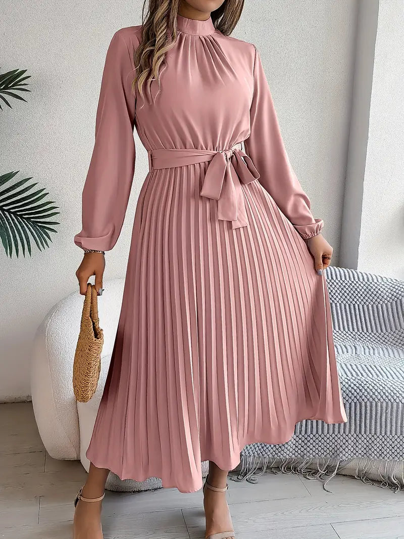Vestido Midi Plisado de Manga Larga para Mujeres con Cintura con Cinturón