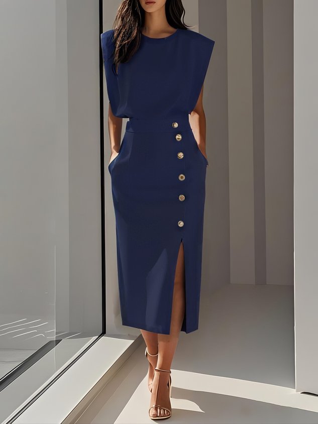 Malene™ | Vestido Midi Sólido con Abertura de Botón y Escote Redondo