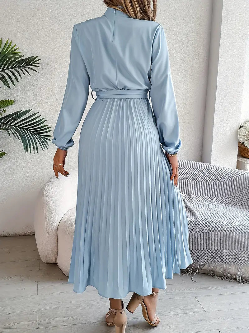 Vestido Midi Plisado de Manga Larga para Mujeres con Cintura con Cinturón
