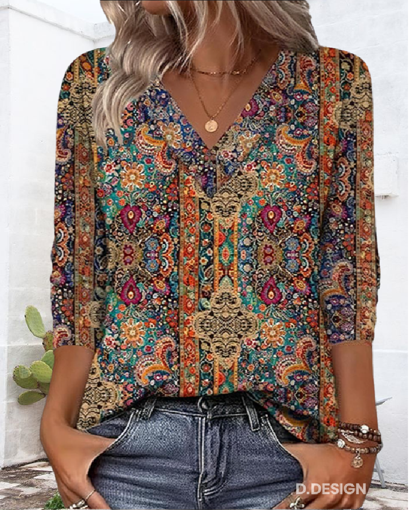 Blusa Retro Estampada V-Cuello