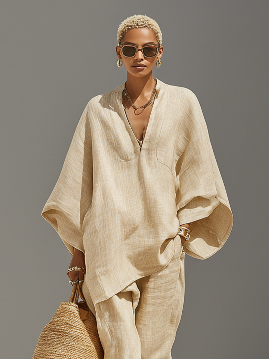 Conjunto Neutro de Lino para Mujer con Dobladillo Asimétrico y Diseño Minimalista, Estilo Diario-Casual Sofisticado