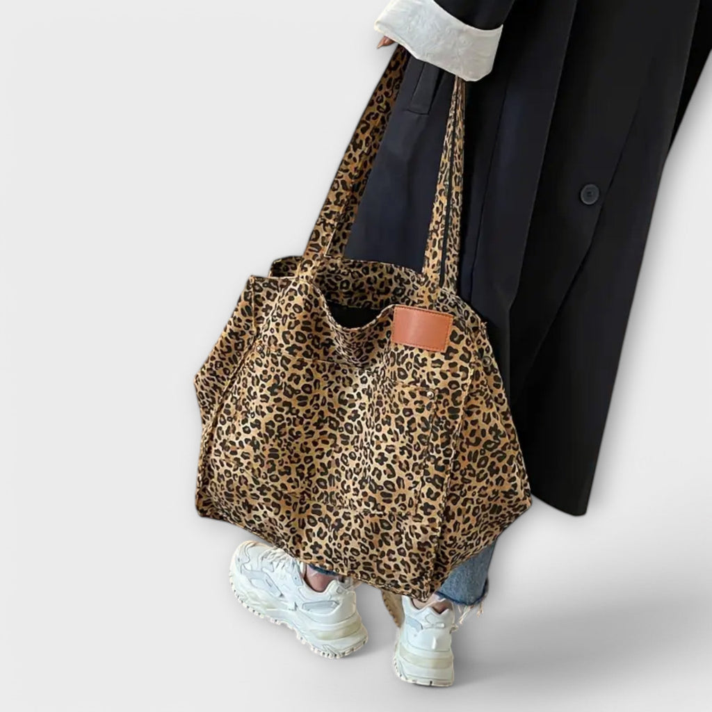Bolso de Hombro de Lona con Estampado de Leopardo Elegante