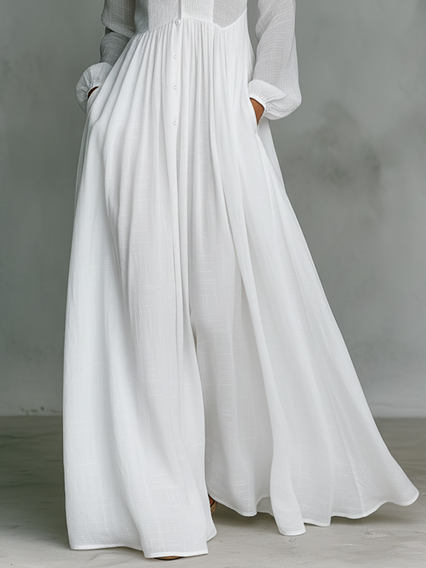 Vestido Maxi Minimalista de Algodón y Lino con Paneles de Patchwork, Cuello Alto y Mangas Largas