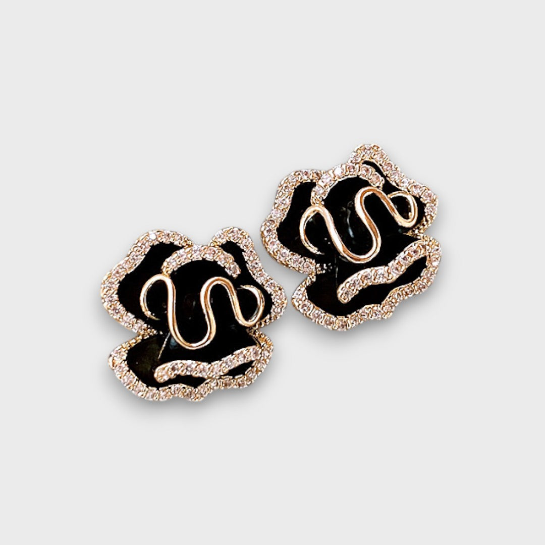 Ameliane – Pendientes de flores negras con contorno dorado