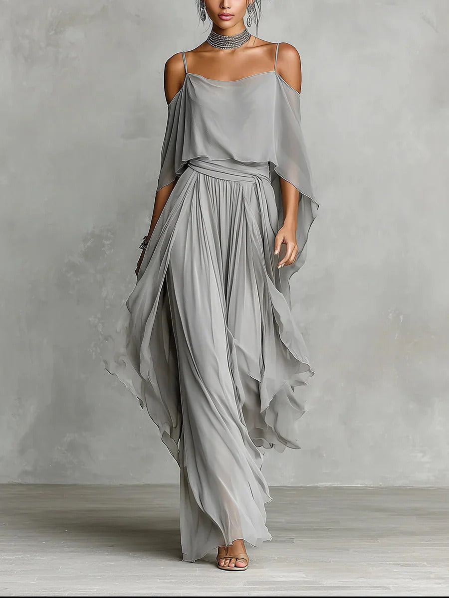 Isabela | Conjunto fluido gris con top de tirantes y pantalones ligeros