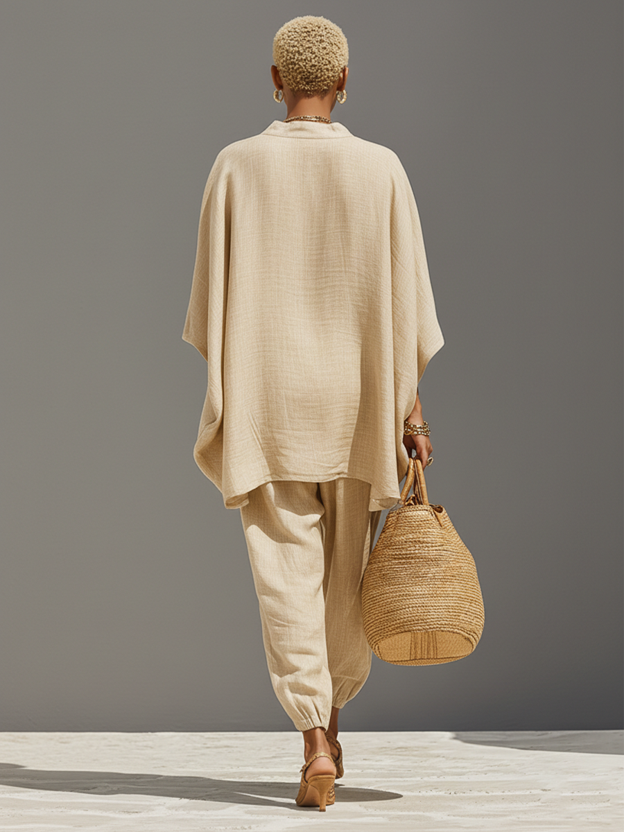 Conjunto Neutro de Lino para Mujer con Dobladillo Asimétrico y Diseño Minimalista, Estilo Diario-Casual Sofisticado
