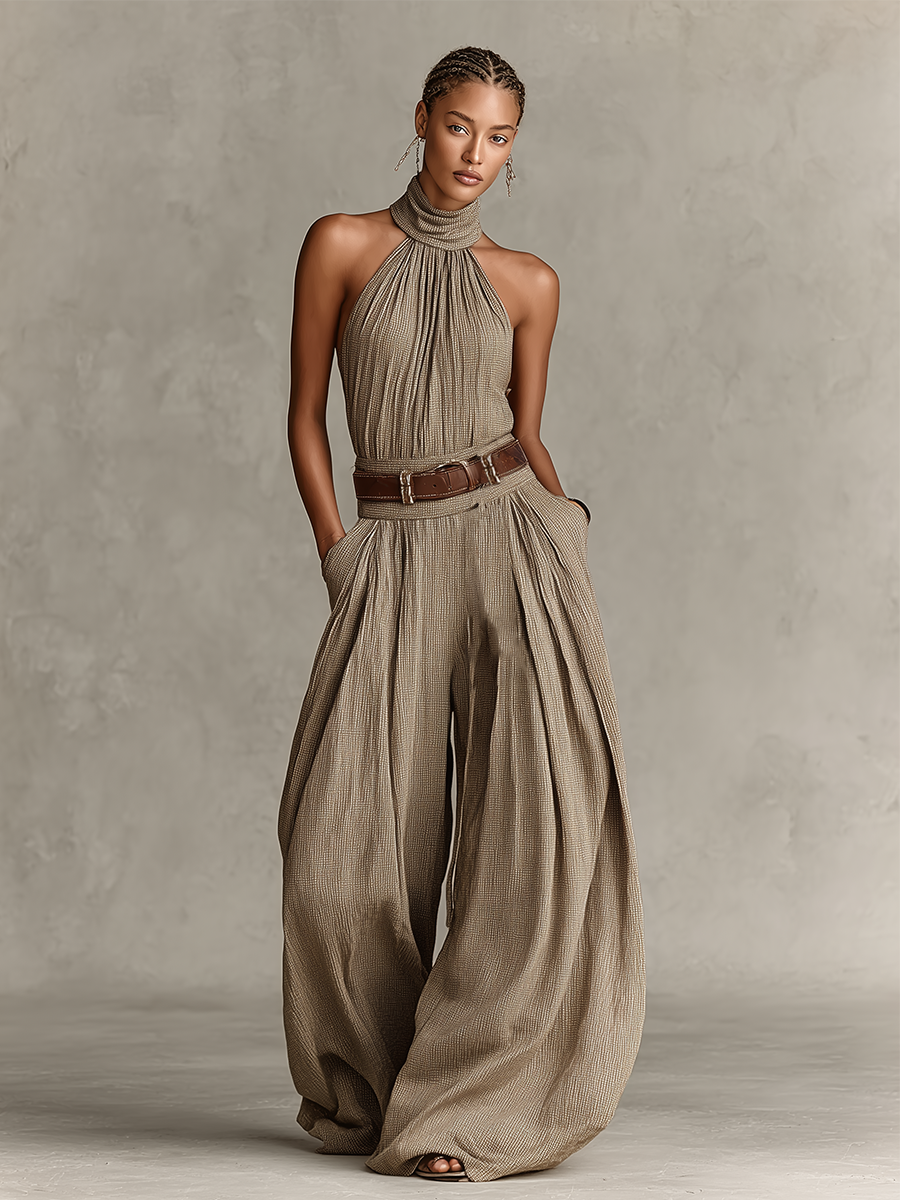 Mono de Algodón Mezclado Taupe para Mujer con Cuello Americano y Silueta de Pierna Ancha, Estilo Boho-Élegante Atemporal (Sin Cintura)