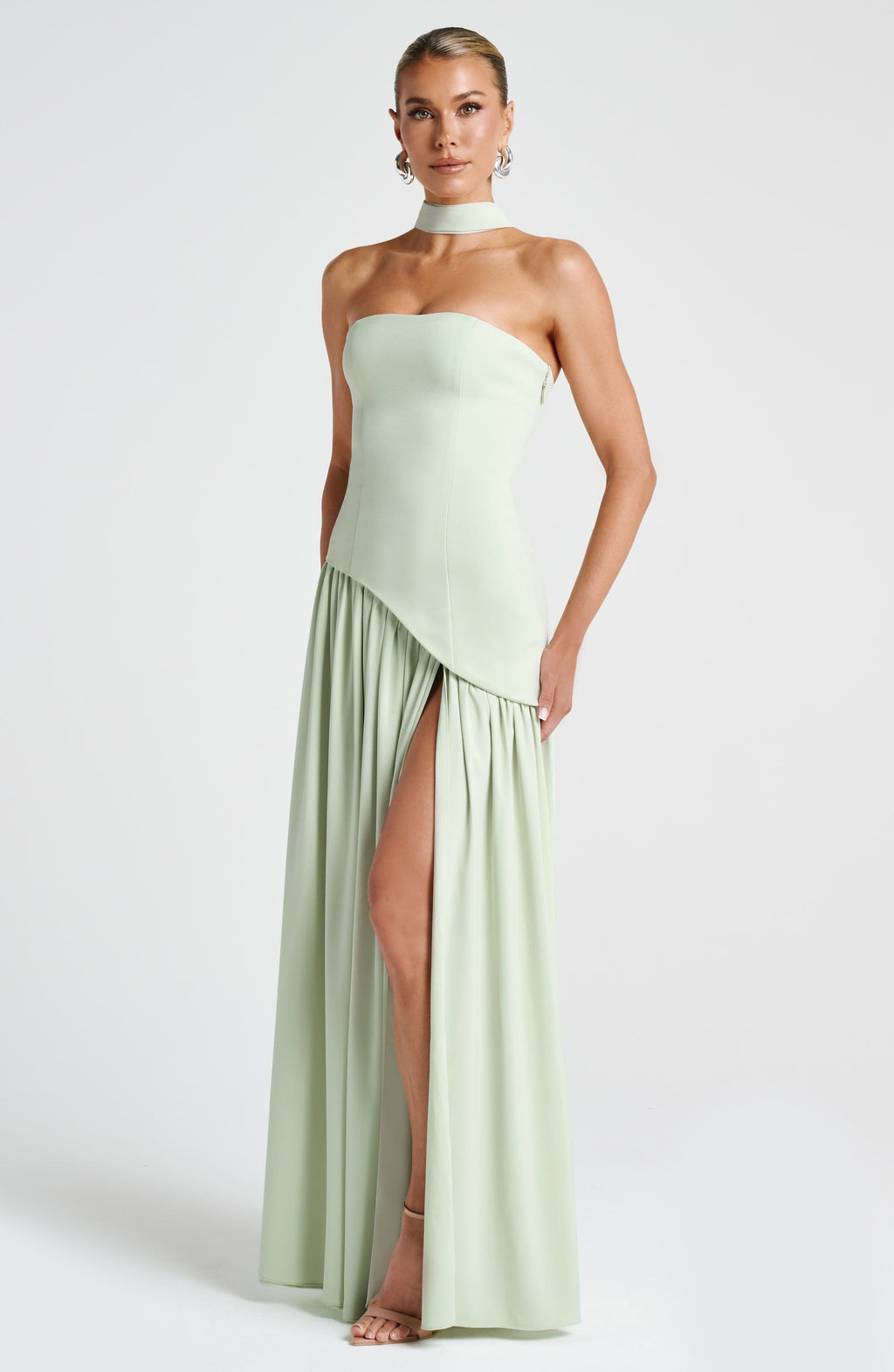 Vestido Maxi Sin Tirantes para Mujer con Abertura Alta y Cintura Asimétrica