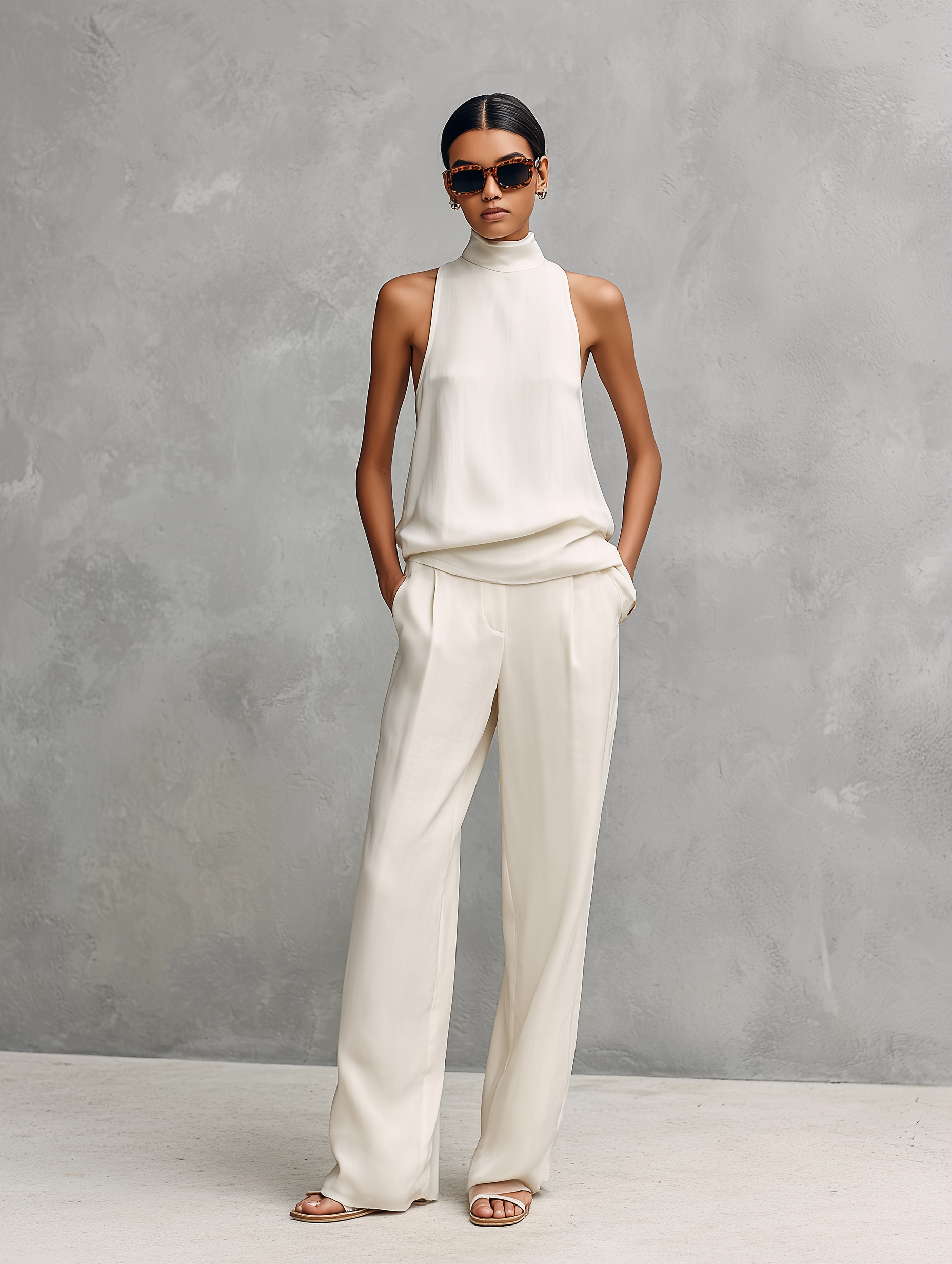 Conjunto de Top Sin Mangas y Pantalones Elegantes de Algodón y Lino Negro para Mujer