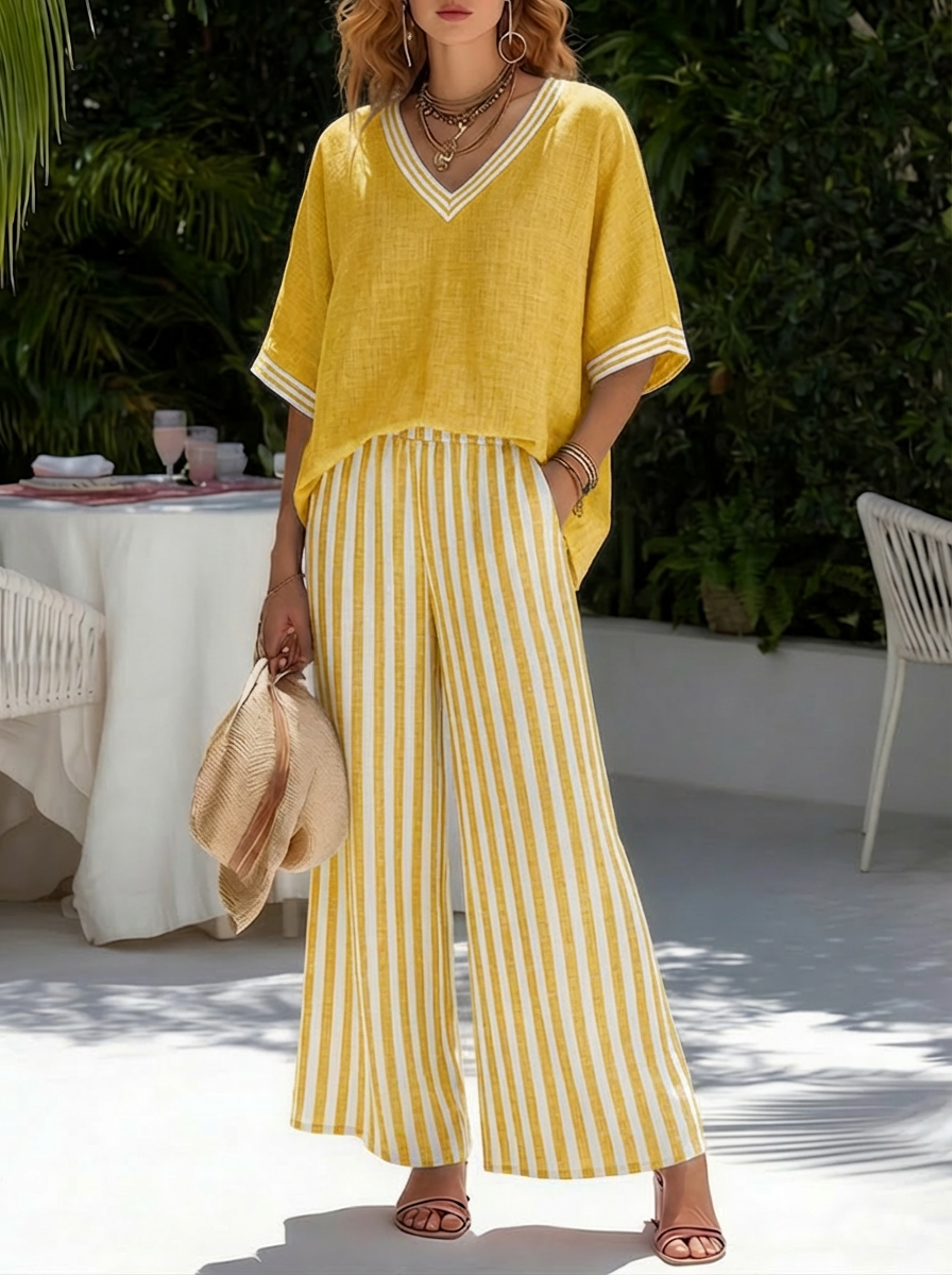 Amélia | Conjunto Elegante y Casual de Lino y Algodón con Rayas