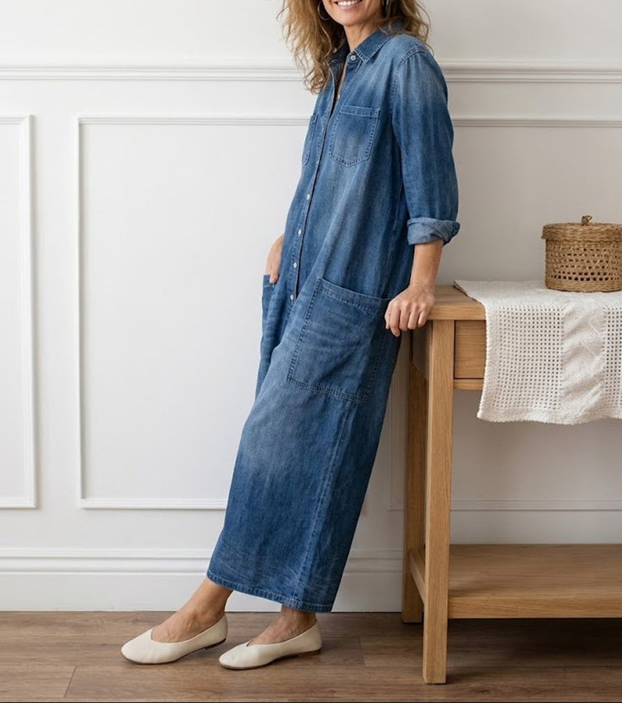Saylor - Pantalón de Tirantes de Denim de Algodón Lavado Vintage con Cierre de Botón