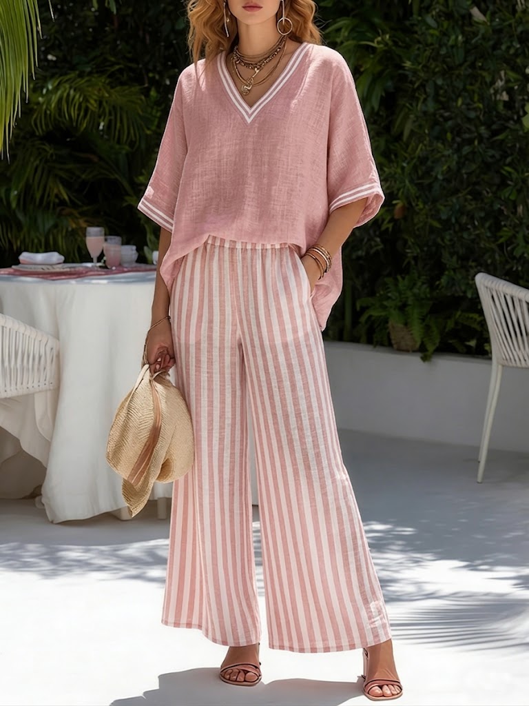 Amélia | Conjunto Elegante y Casual de Lino y Algodón con Rayas
