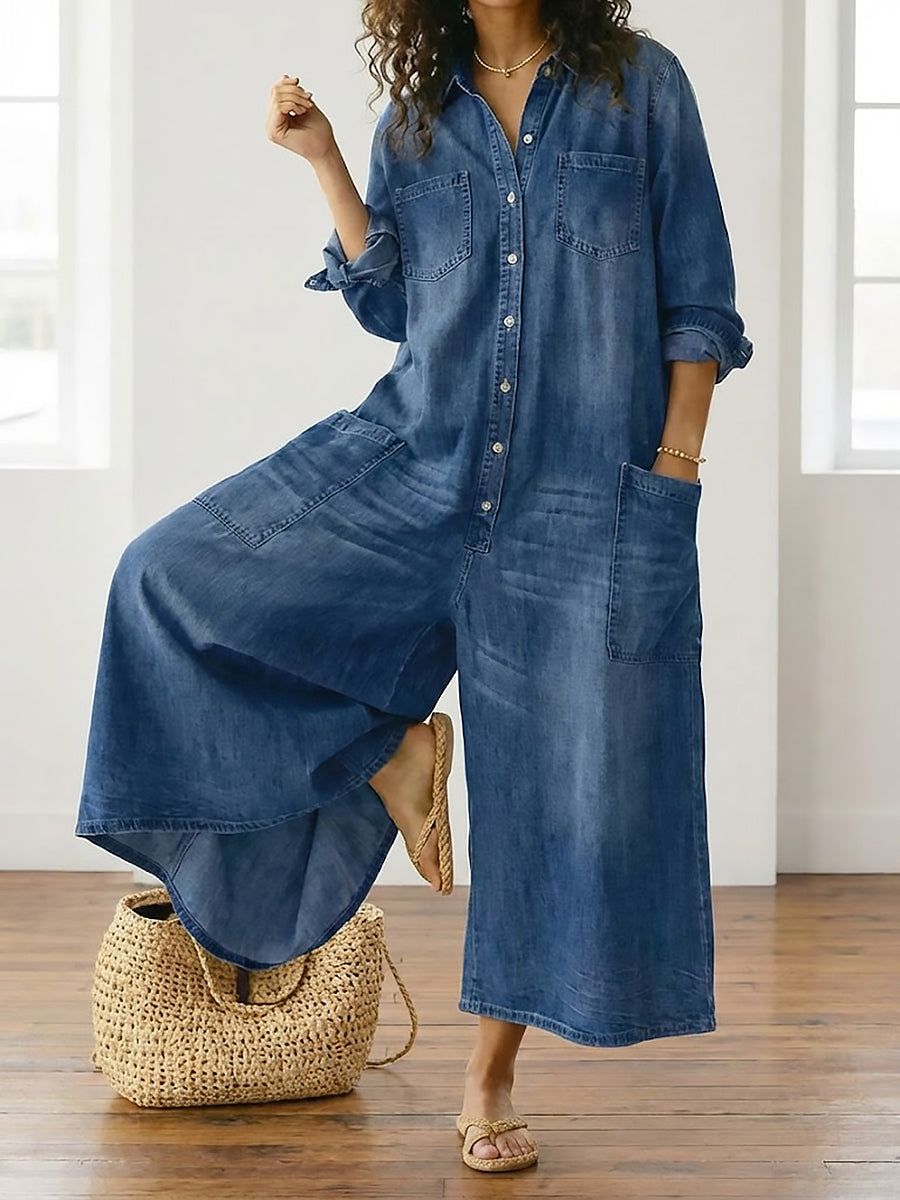 Saylor - Pantalón de Tirantes de Denim de Algodón Lavado Vintage con Cierre de Botón