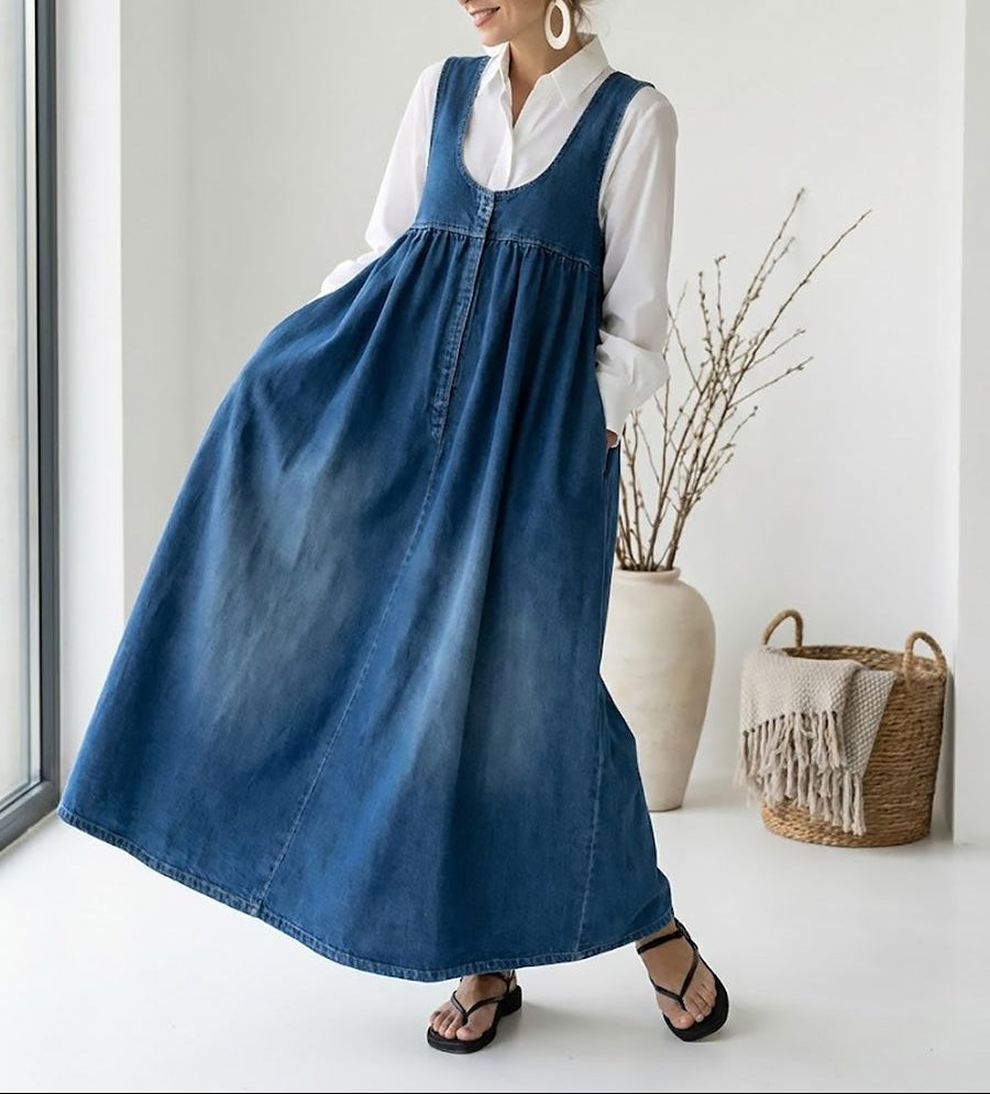 Miranda - Vestido Maxi de Denim Lavado Vintage con Sensación de Algodón Suave