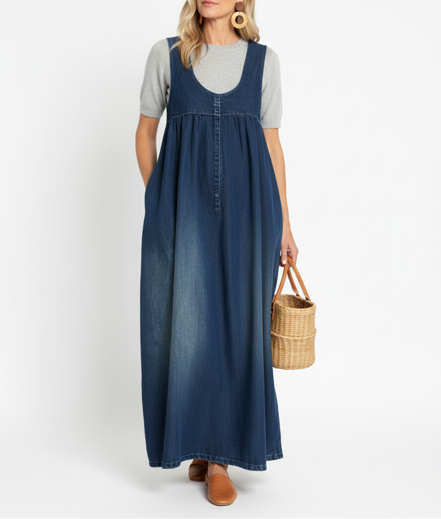 Miranda - Vestido Maxi de Denim Lavado Vintage con Sensación de Algodón Suave