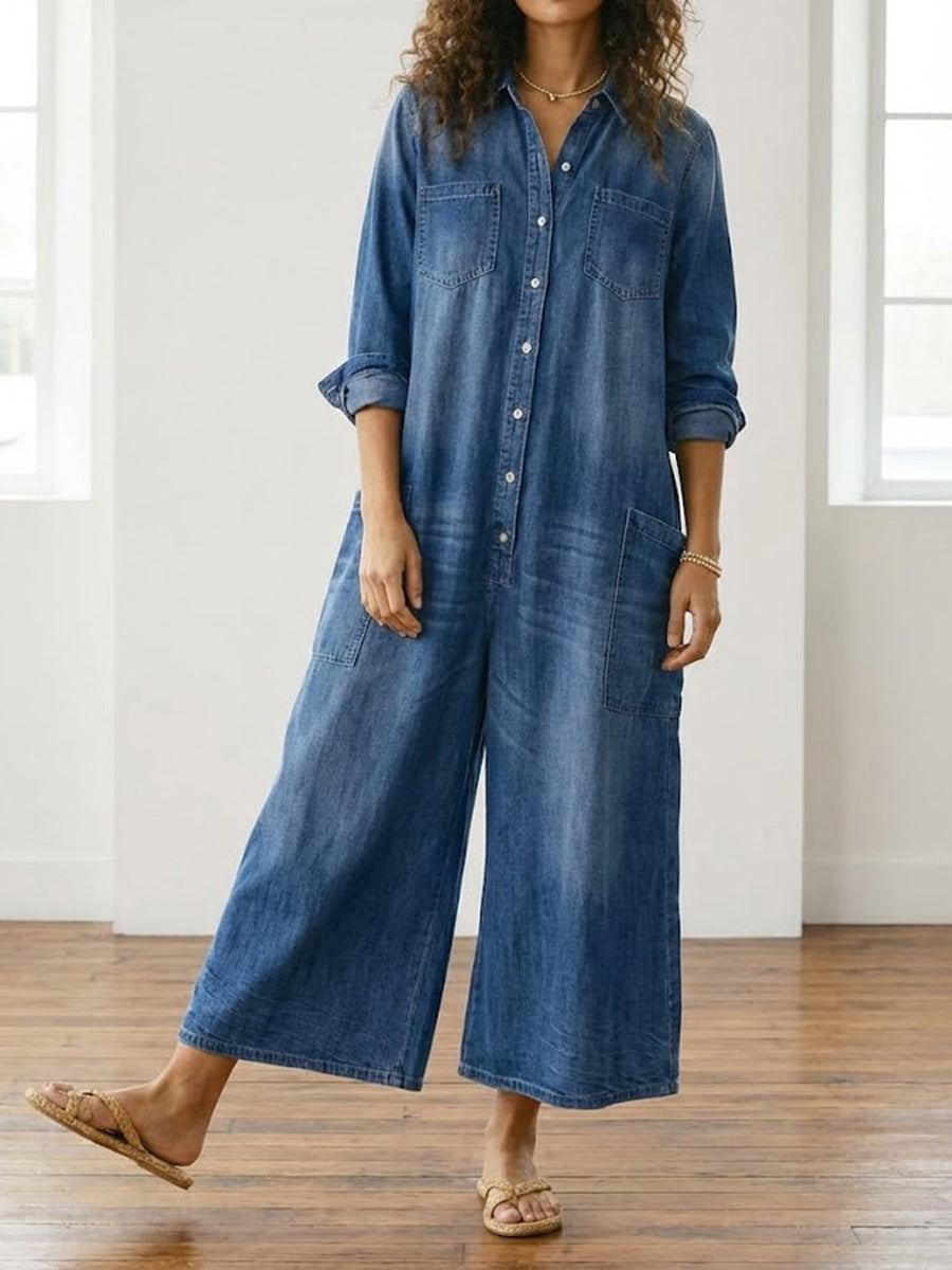 Saylor - Pantalón de Tirantes de Denim de Algodón Lavado Vintage con Cierre de Botón