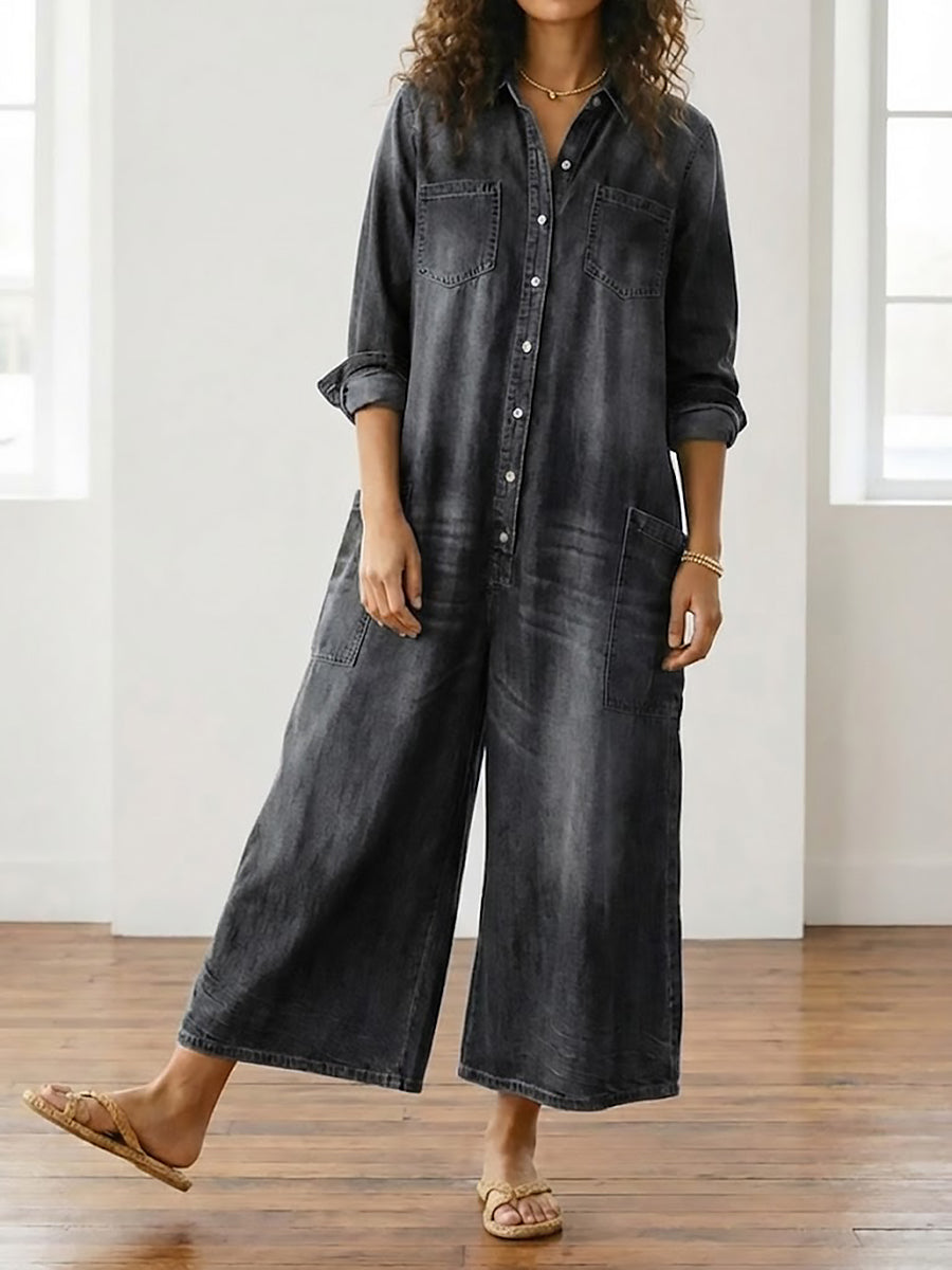 Saylor - Pantalón de Tirantes de Denim de Algodón Lavado Vintage con Cierre de Botón