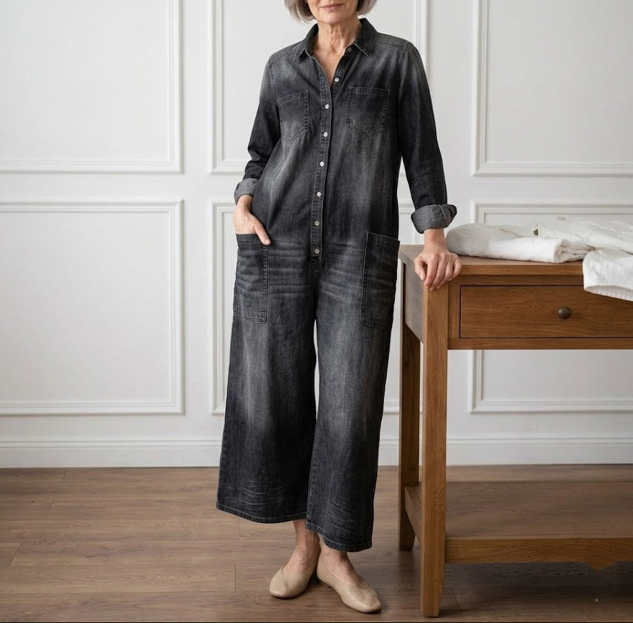 Saylor - Pantalón de Tirantes de Denim de Algodón Lavado Vintage con Cierre de Botón